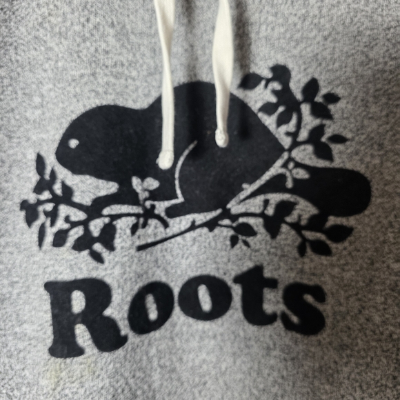 Roots Canada Beaver Logo Hoodie Gray Salt & Pepper Pullover Sweatshirt Medium - Picture 3 of 7